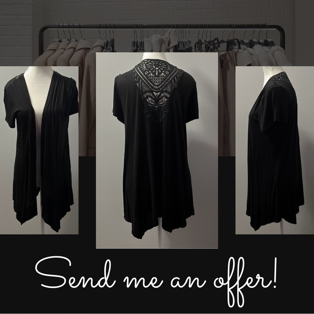 Woman’s Black Short Sleeve Cardigan with Crochet Back